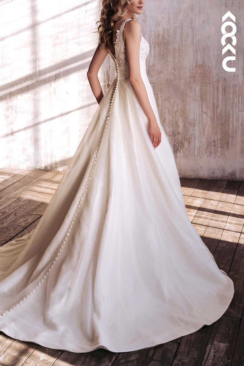 K1507 - Sparkly V-Neck Sleeveless Appliqued Satin A-Line Long Wedding Dress