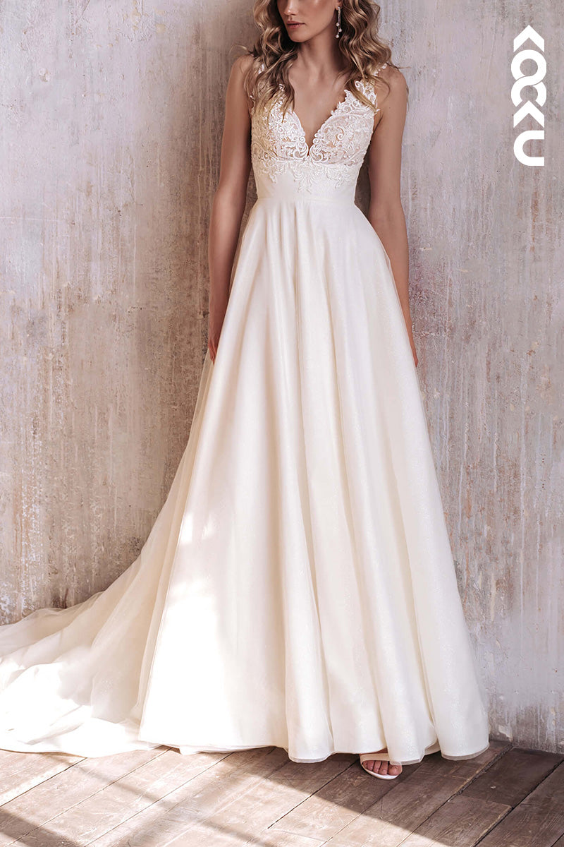 K1507 - Sparkly V-Neck Sleeveless Appliqued Satin A-Line Long Wedding Dress