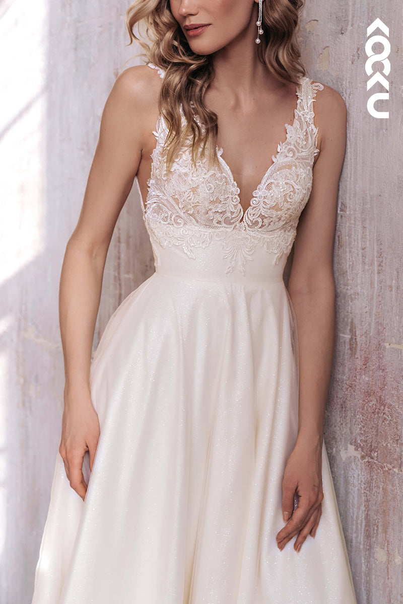 K1507 - Sparkly V-Neck Sleeveless Appliqued Satin A-Line Long Wedding Dress