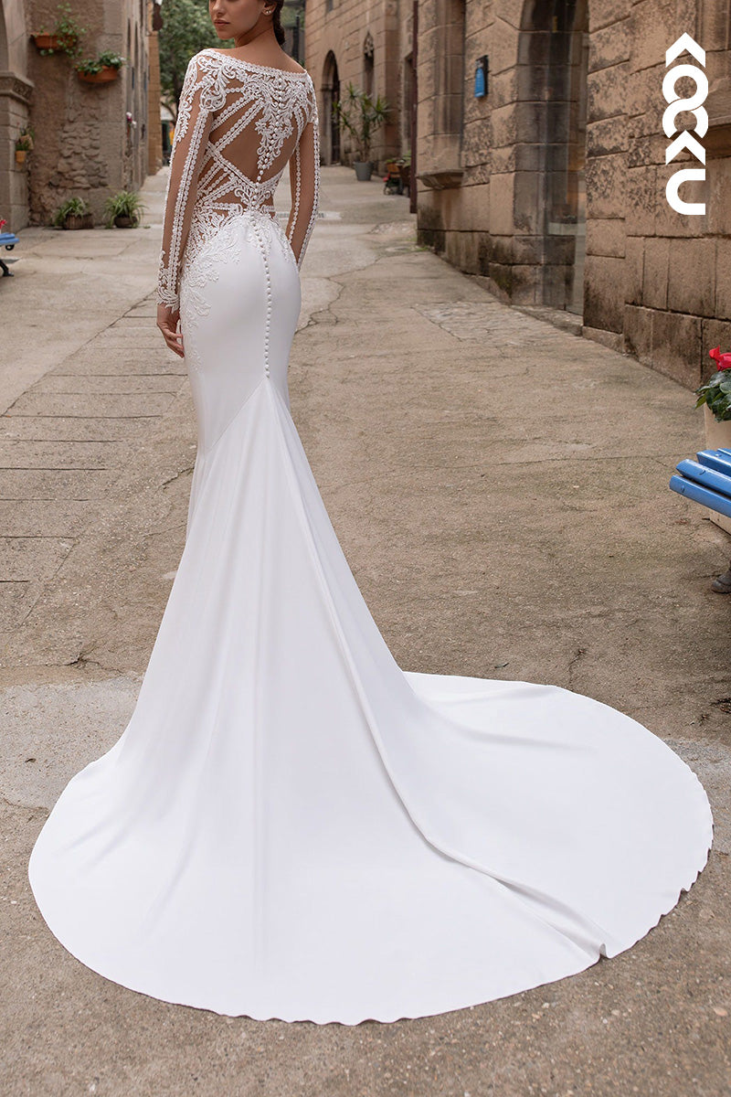 K1508 - V-Neck Long Sleeves Sheer Lace Satin Mermaid Long Wedding Dress