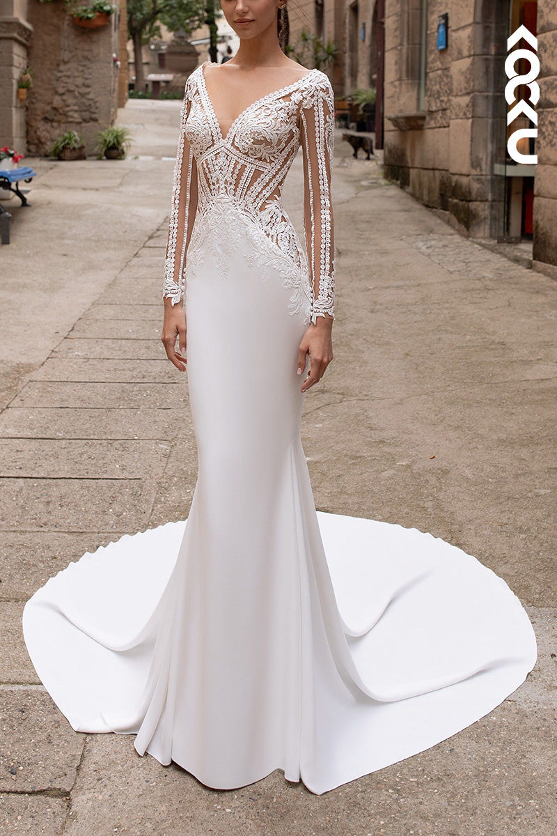 K1508 - V-Neck Long Sleeves Sheer Lace Satin Mermaid Long Wedding Dress