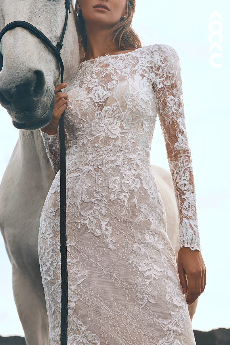 K1509 - Scoop Long Sleeves Lace Sheer Backless Mermaid Long Wedding Dress