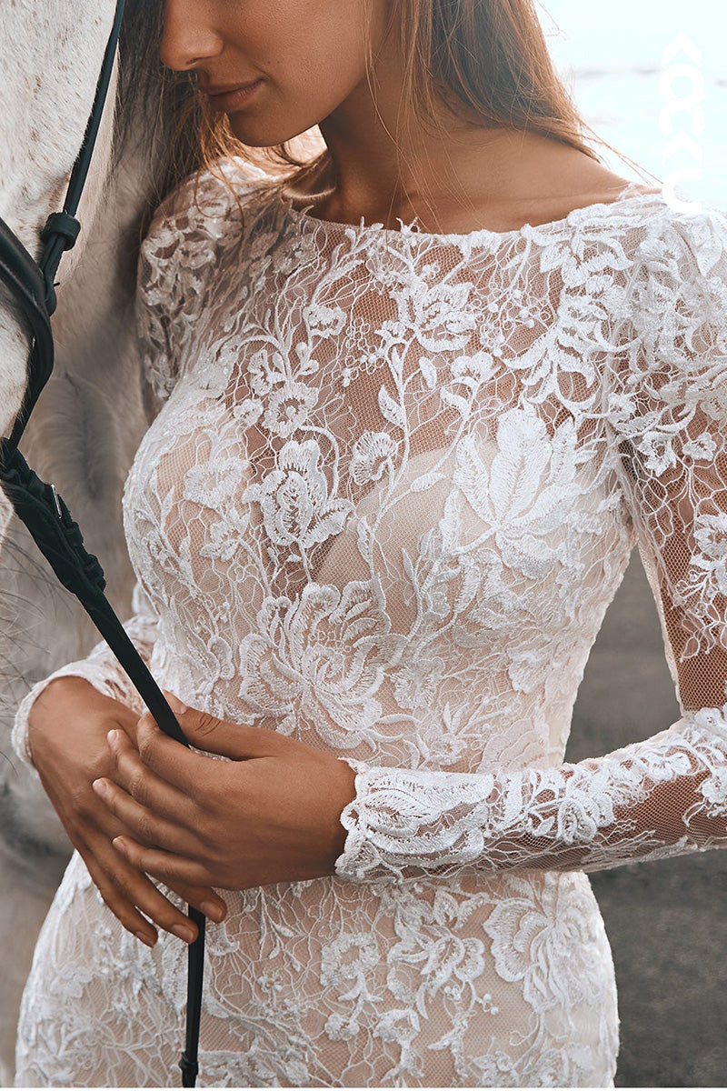 K1509 - Scoop Long Sleeves Lace Sheer Backless Mermaid Long Wedding Dress