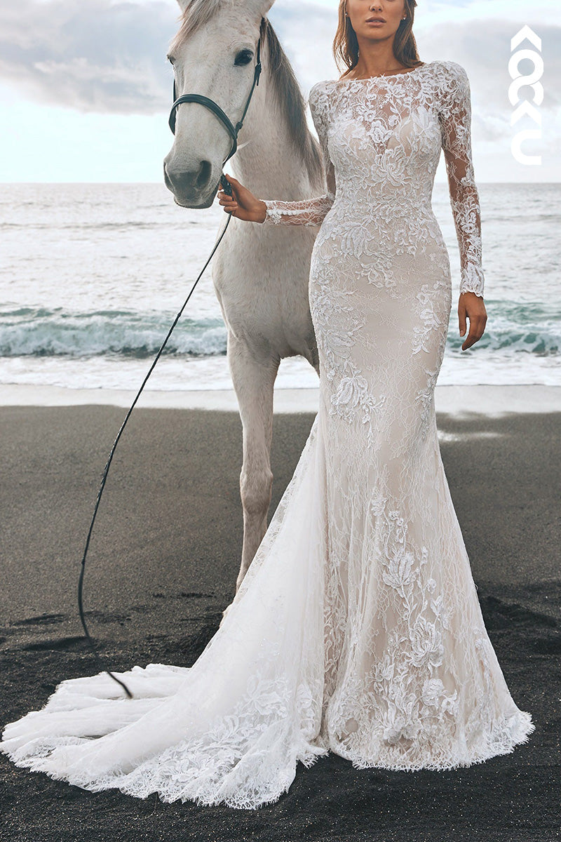 K1509 - Scoop Long Sleeves Lace Sheer Backless Mermaid Long Wedding Dress