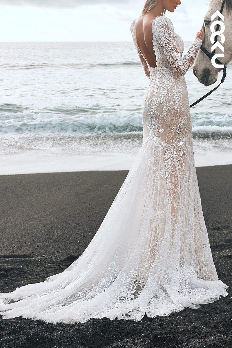 K1509 - Scoop Long Sleeves Lace Sheer Backless Mermaid Long Wedding Dress