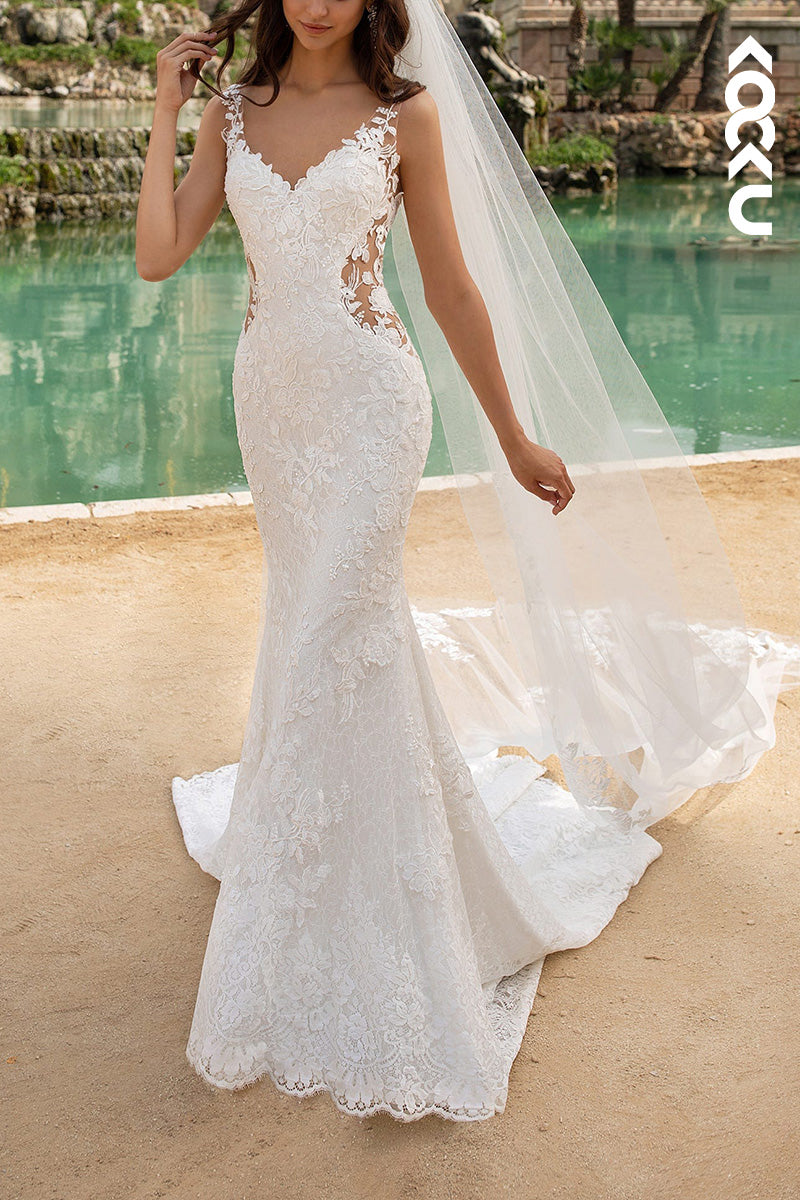 K1510 - V-Neck Sheer Lace Appliqued Cut Outs Mermaid Long Wedding Dress