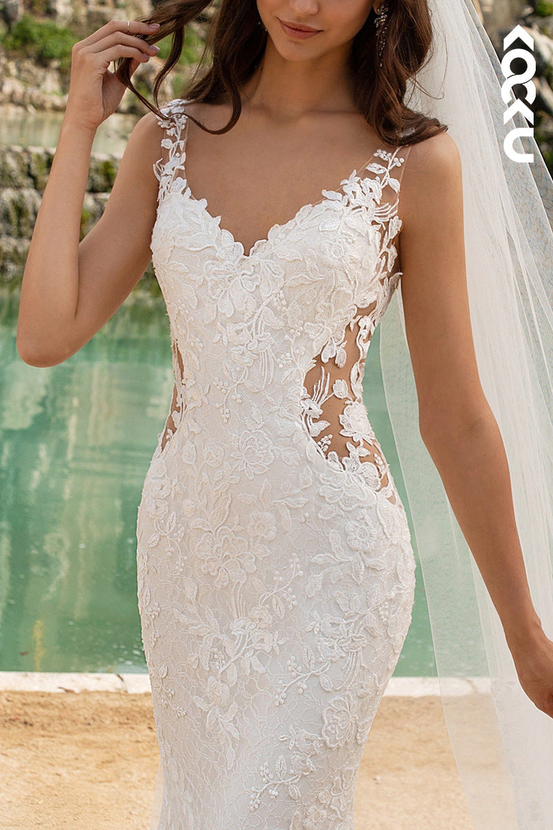 K1510 - V-Neck Sheer Lace Appliqued Cut Outs Mermaid Long Wedding Dress