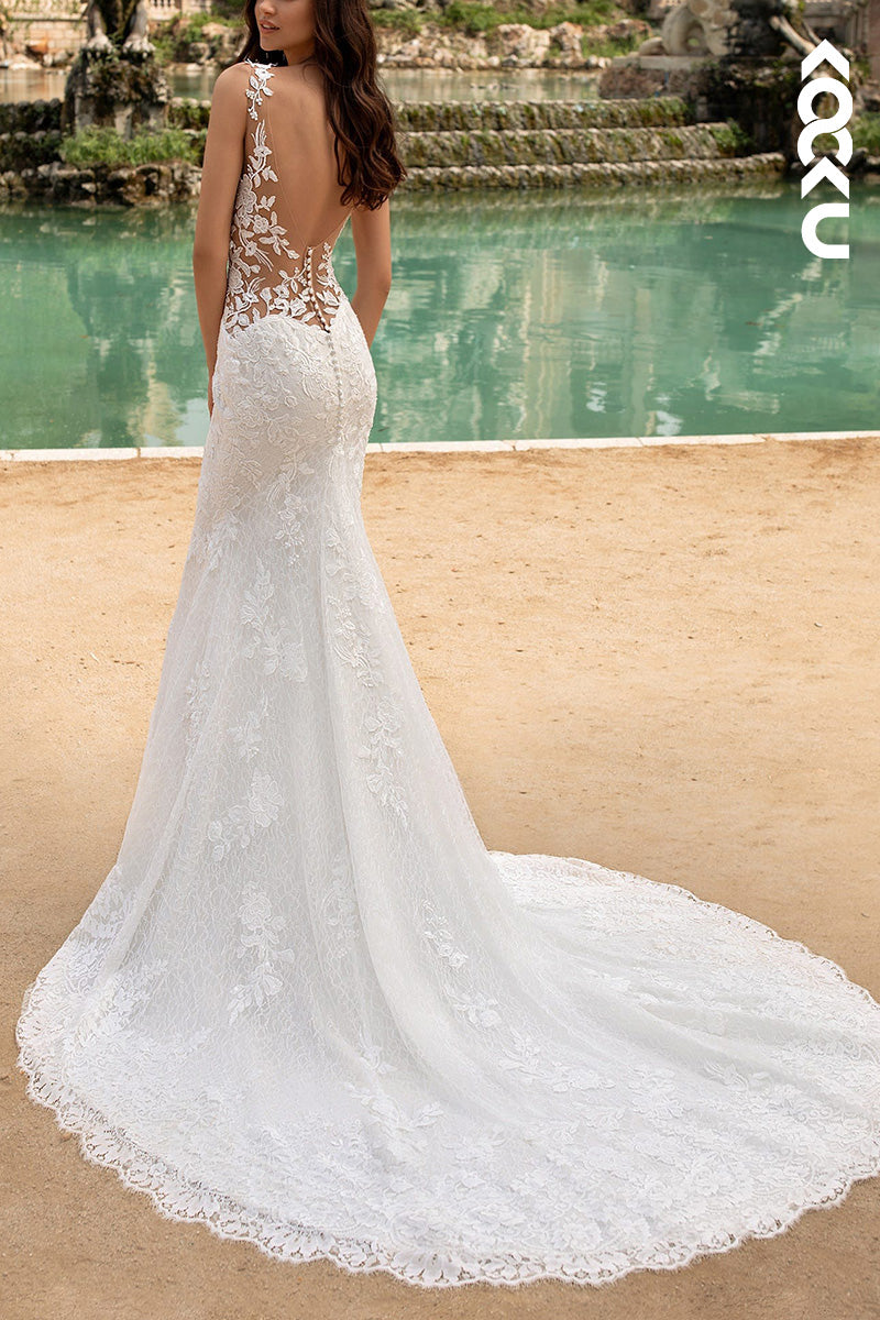 K1510 - V-Neck Sheer Lace Appliqued Cut Outs Mermaid Long Wedding Dress