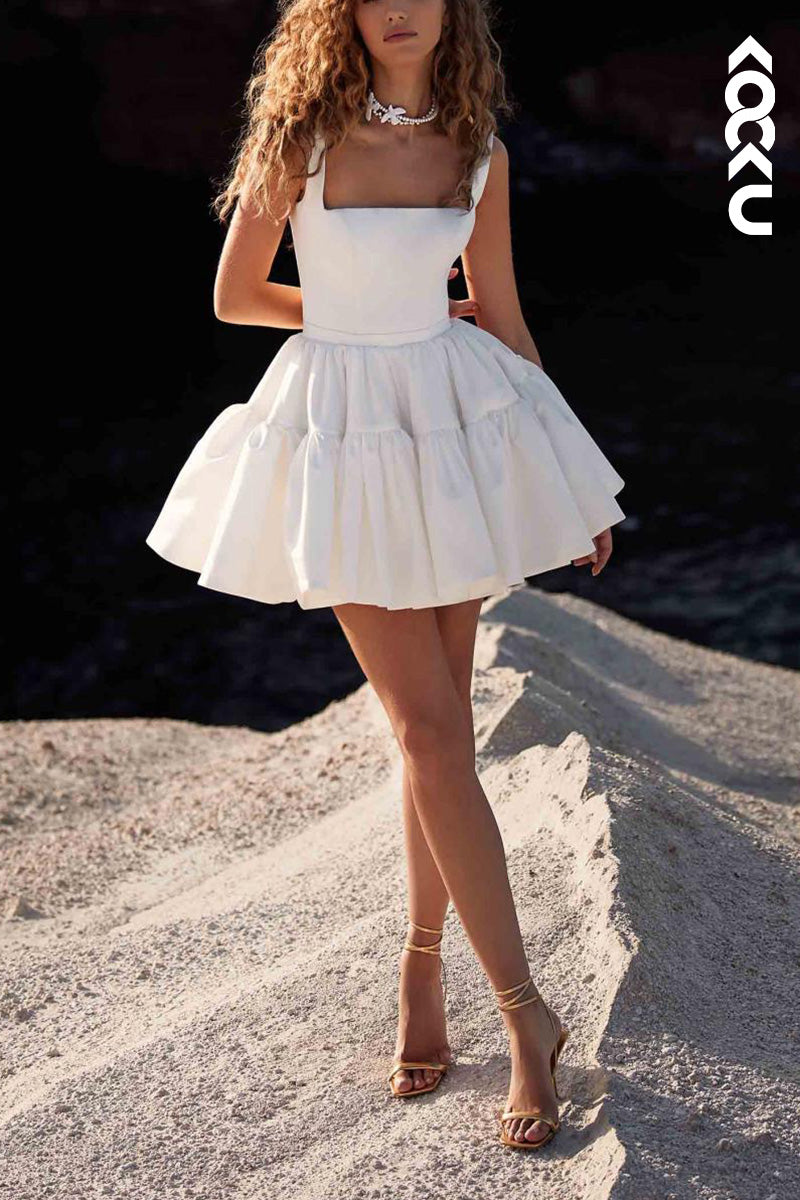 K1511 - Square Neck Sleeveless Pleated Satin A-Line Mini Wedding Dress