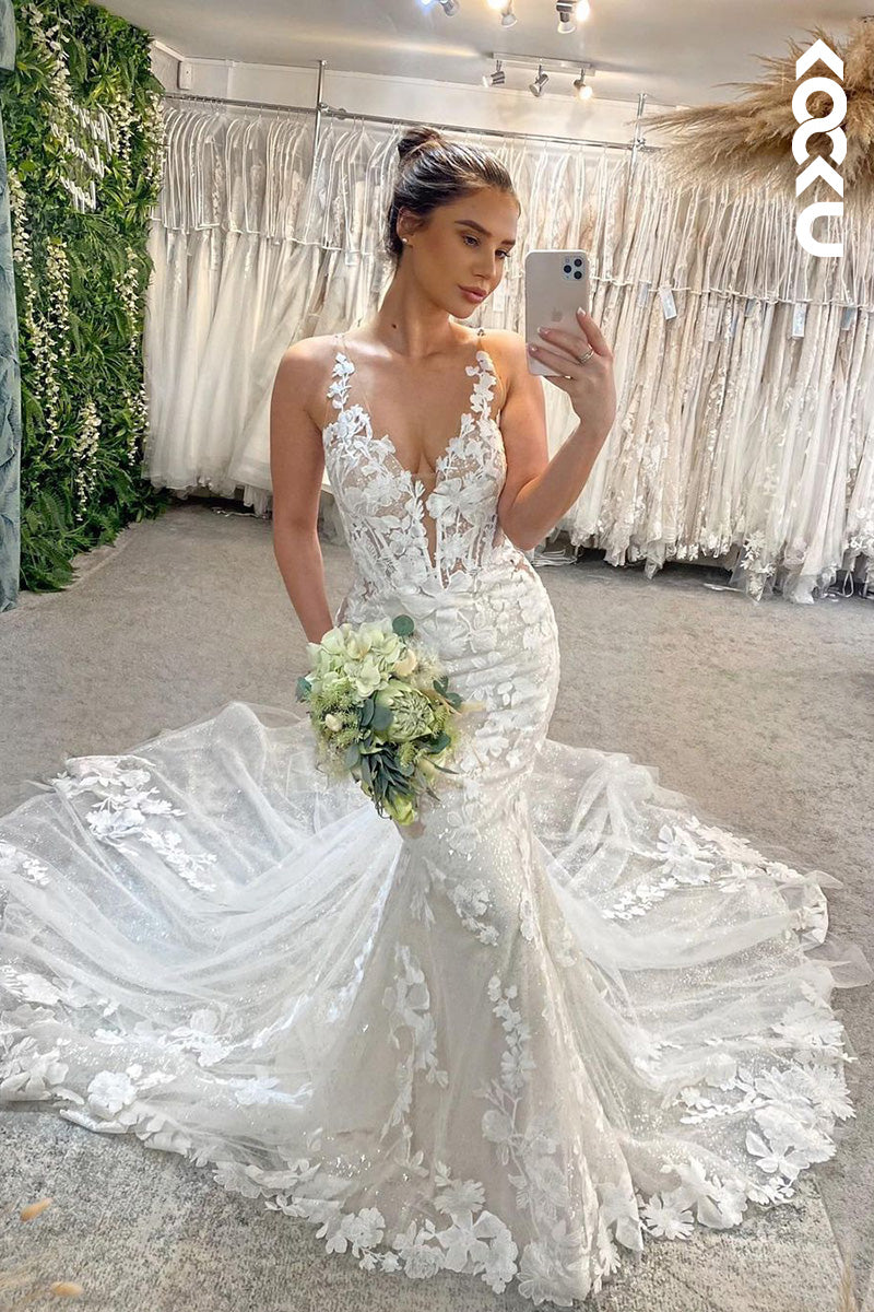 K1513 - Low V-Neck Sleeveless Lace Appliqued Tulle Mermaid Long Wedding Dress