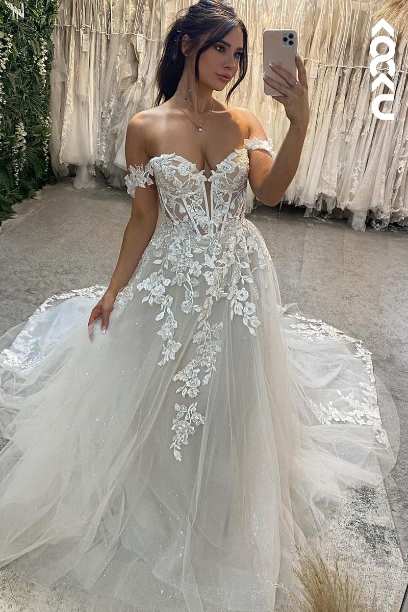 K1514 - Low V-Neck Off-Shoulder Appliqued Sheer Tulle A-Line Long Wedding Dress