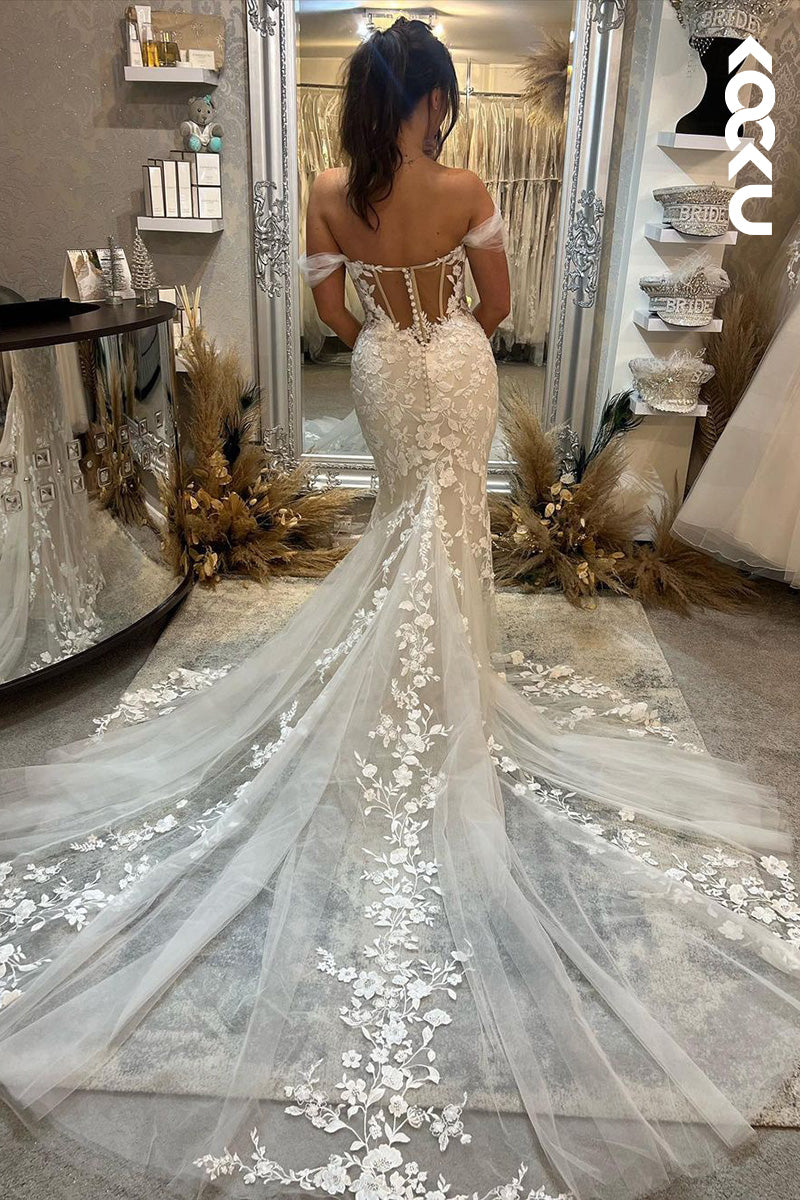 K1515 - Low V-Neck Off-Shoulder Appliqued Sheer Tulle Mermaid Long Wedding Dress