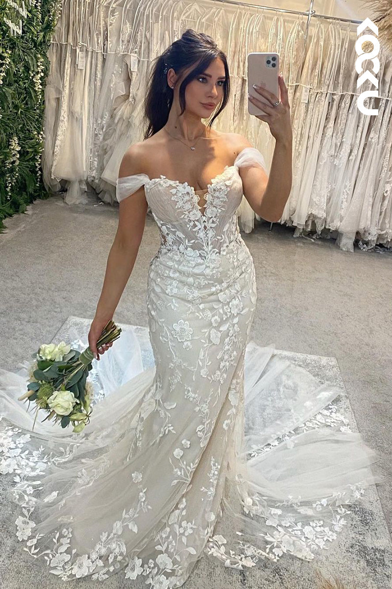 K1515 - Low V-Neck Off-Shoulder Appliqued Sheer Tulle Mermaid Long Wedding Dress