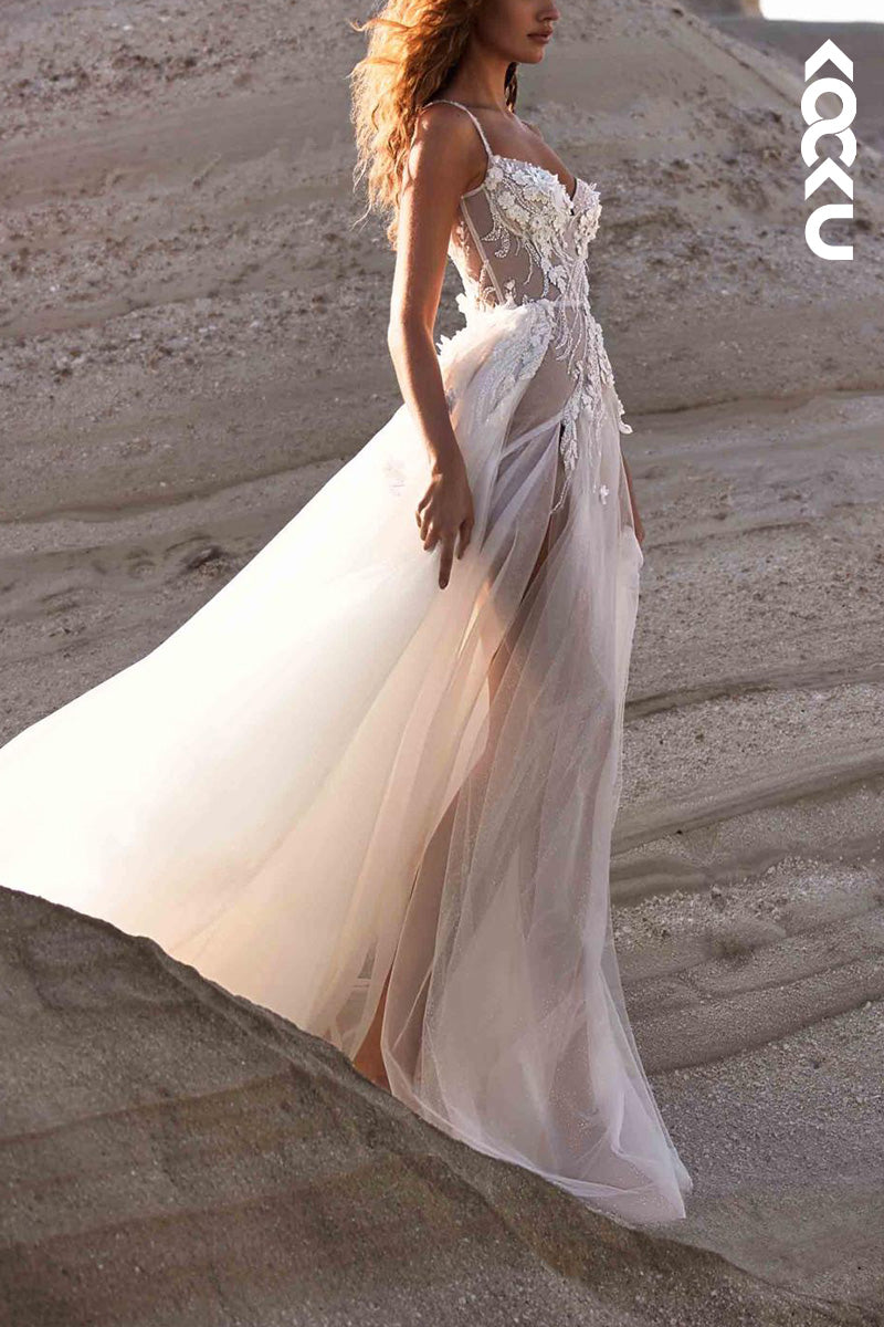 K1516 - Sweetheart Spaghetti Straps Appliqued Beaded Tulle A-Line Wedding Dress