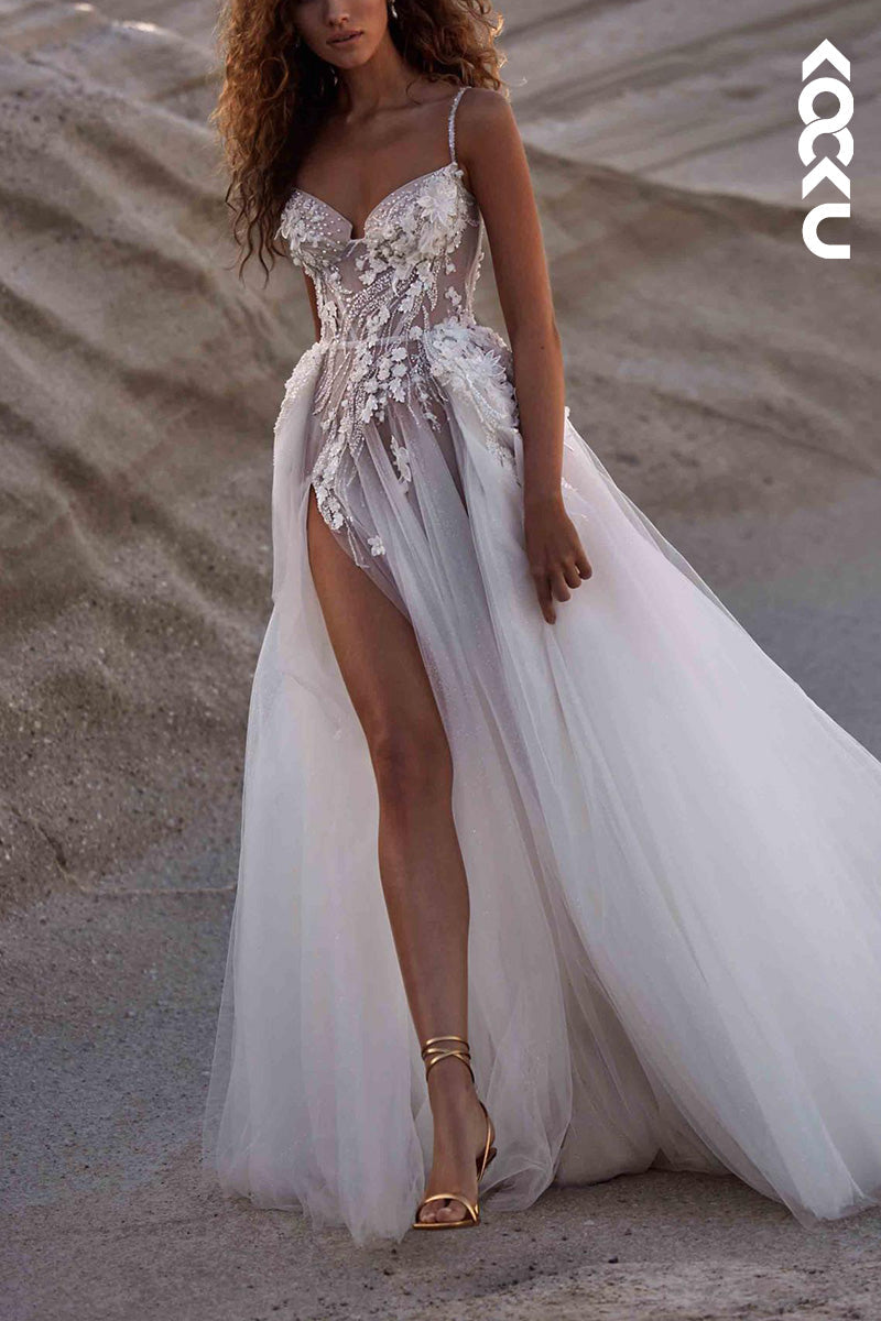 K1516 - Sweetheart Spaghetti Straps Appliqued Beaded Tulle A-Line Wedding Dress