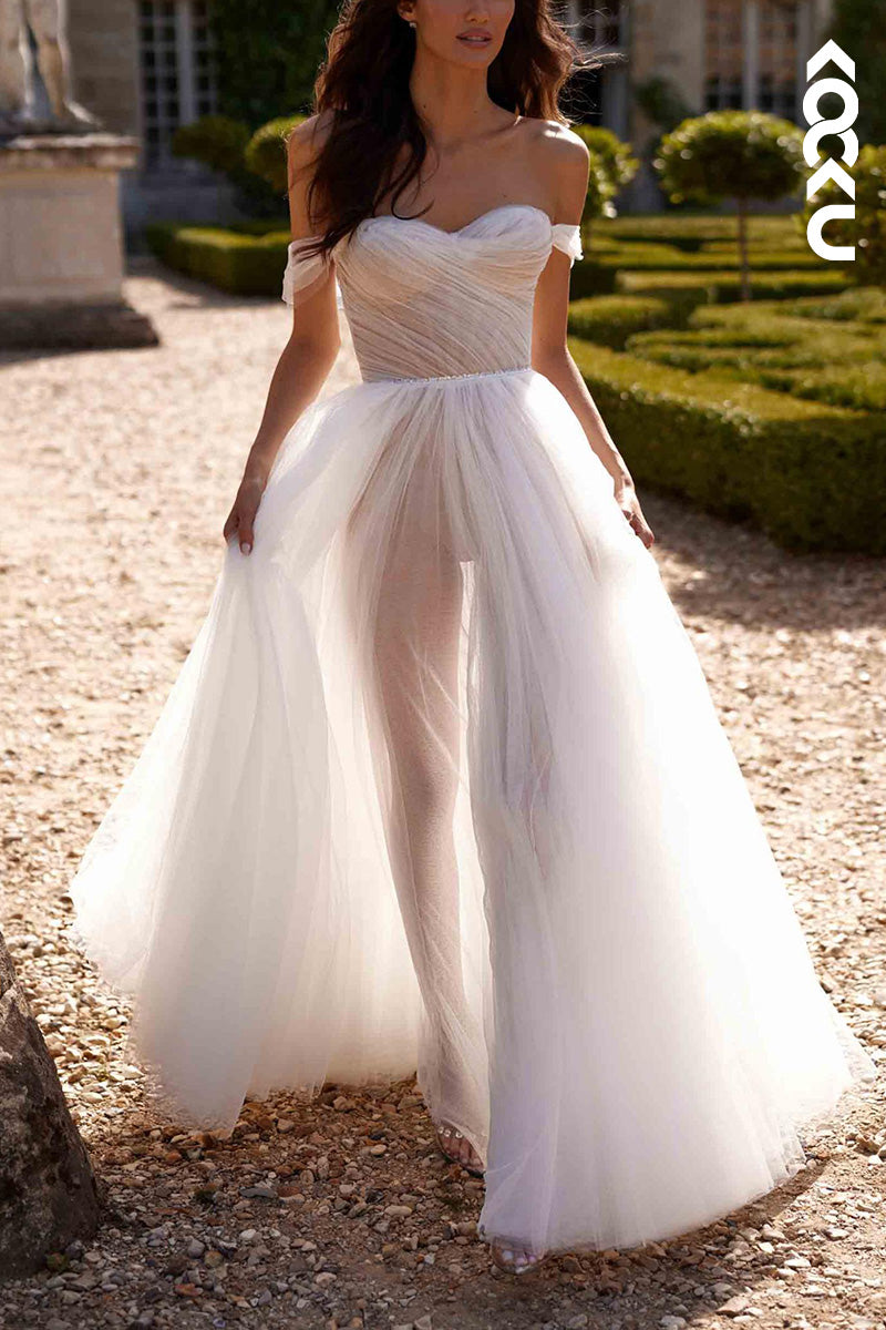 K1517 - Sweetheart Off-Shoulder Ruched Sheer Tulle A-Line Long Wedding Dress