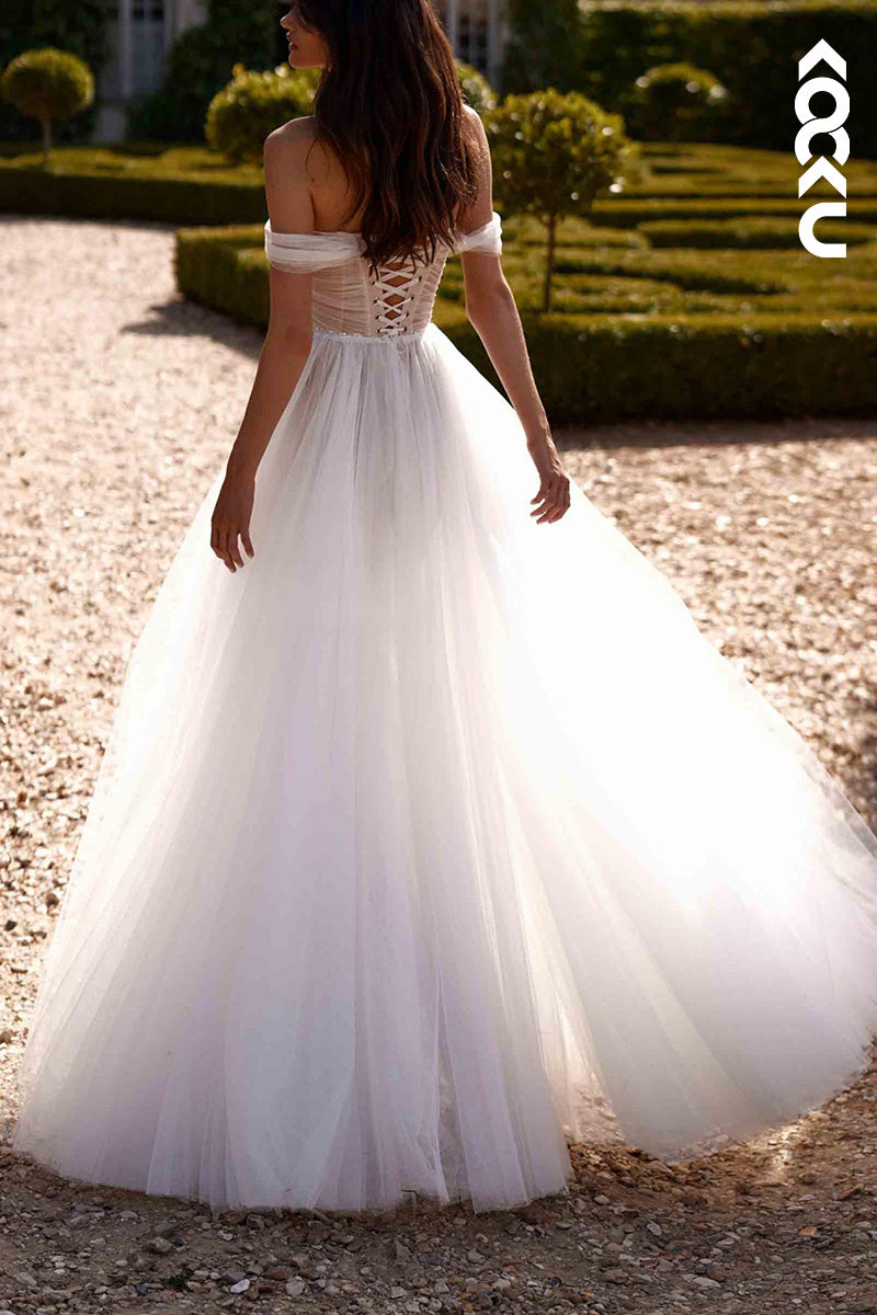 K1517 - Sweetheart Off-Shoulder Ruched Sheer Tulle A-Line Long Wedding Dress