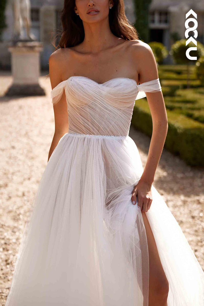 K1517 - Sweetheart Off-Shoulder Ruched Sheer Tulle A-Line Long Wedding Dress