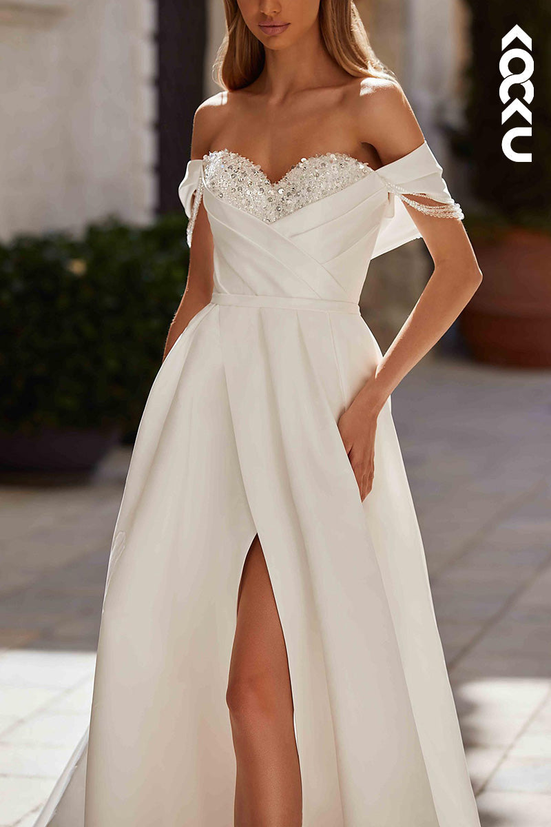 K1519 - Sweetheart Off-Shoulder Sequined Ruched Satin A-Line Long Wedding Dress