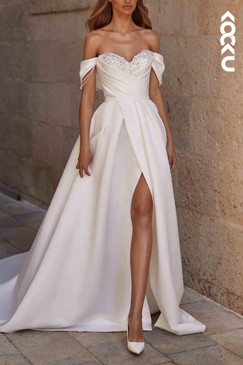 K1519 - Sweetheart Off-Shoulder Sequined Ruched Satin A-Line Long Wedding Dress