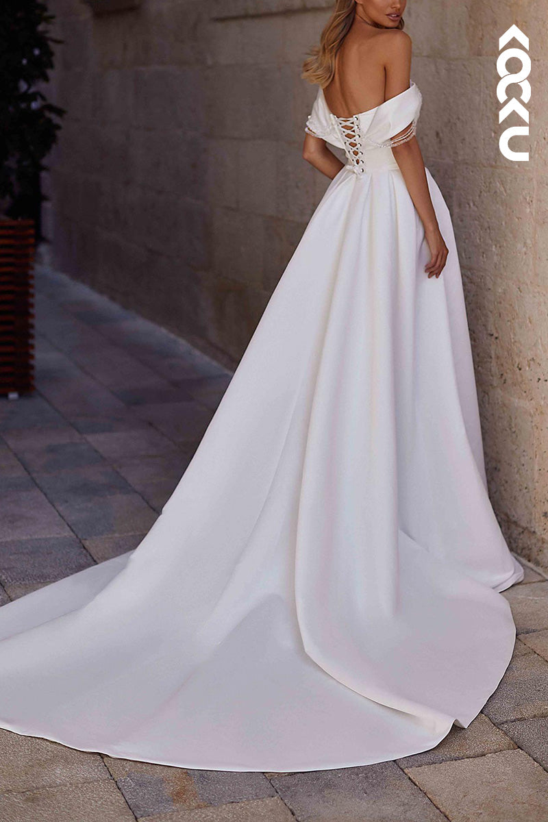 K1519 - Sweetheart Off-Shoulder Sequined Ruched Satin A-Line Long Wedding Dress