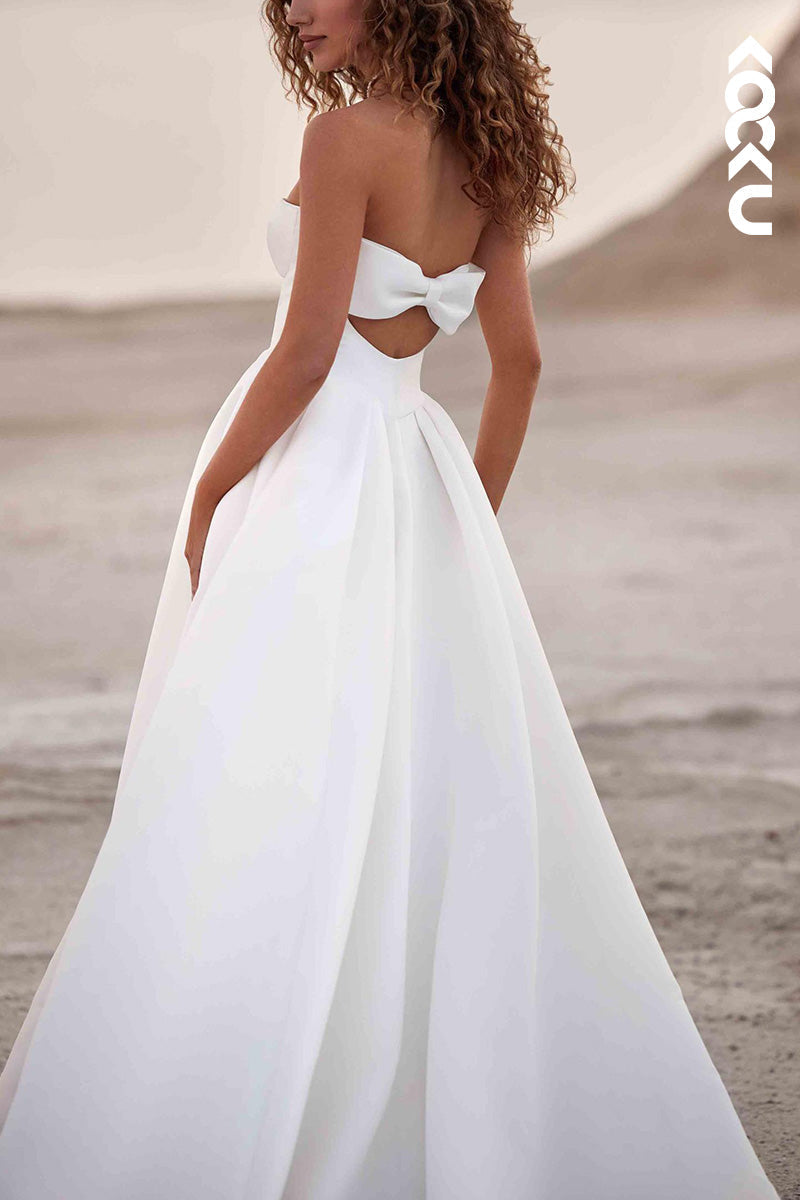 K1520 - Strapless Sleeveless Ruched Satin A-Line Long Wedding Dress With Bow