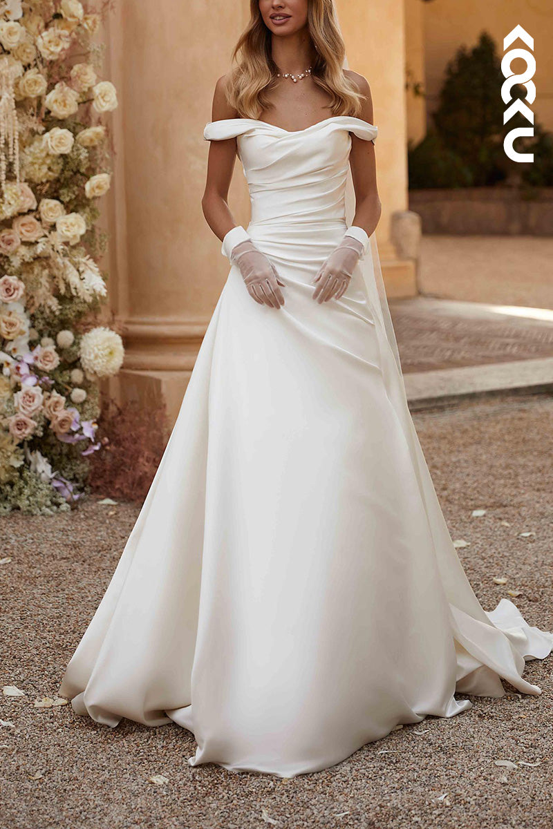 K1521 - Bateau Off-Shoulder Sleeveless Ruched Satin A-Line Long Wedding Dress