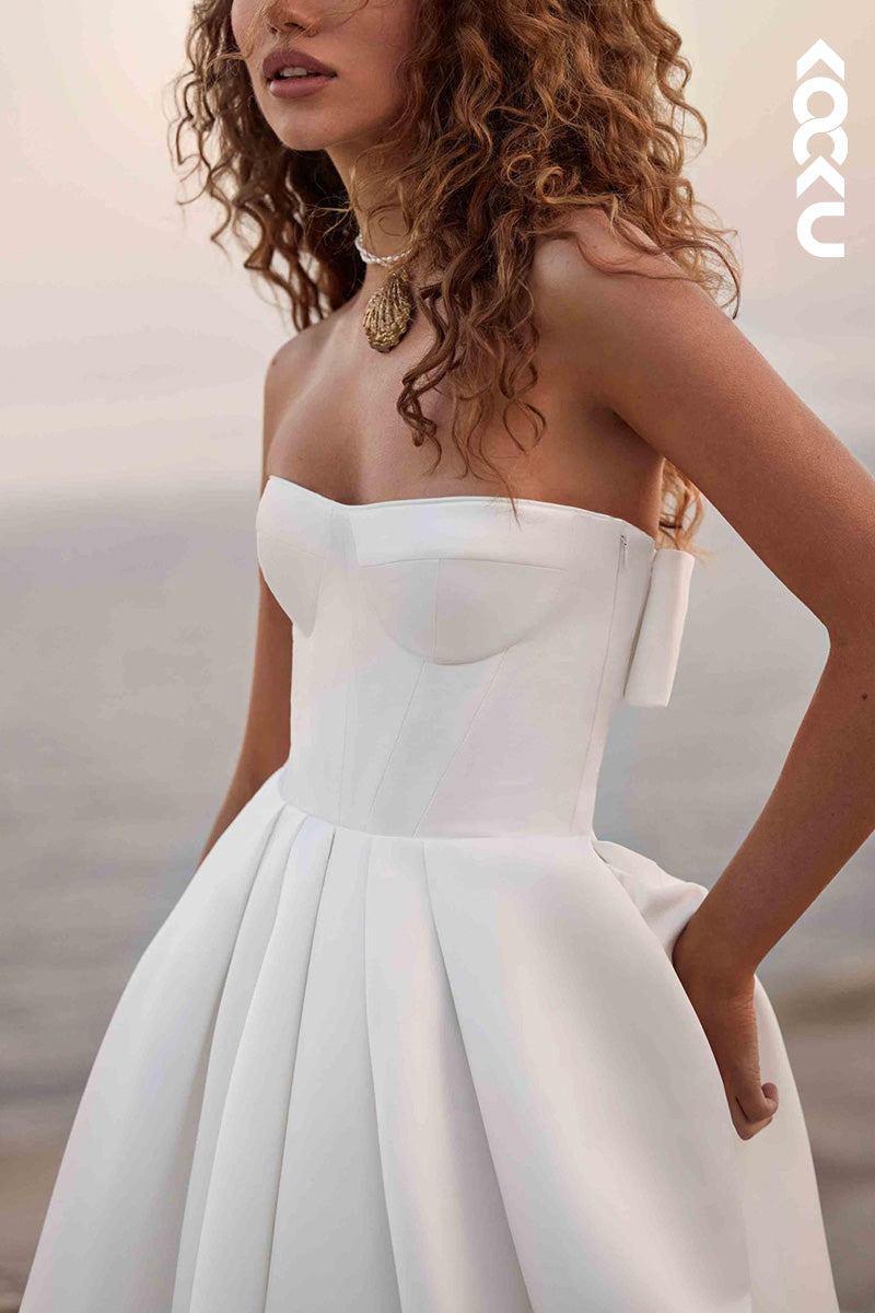 K1520 - Strapless Sleeveless Ruched Satin A-Line Long Wedding Dress With Bow