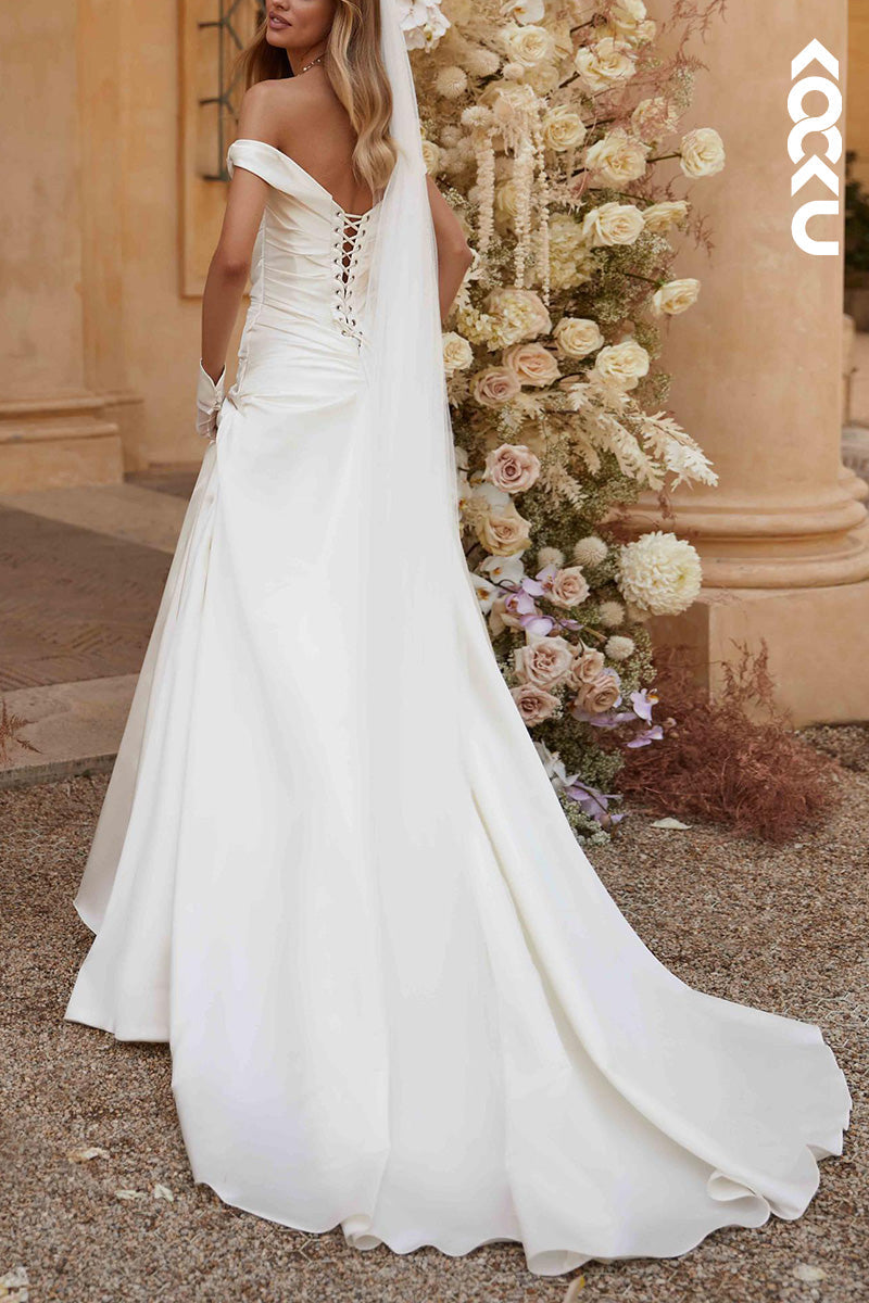 K1521 - Bateau Off-Shoulder Sleeveless Ruched Satin A-Line Long Wedding Dress