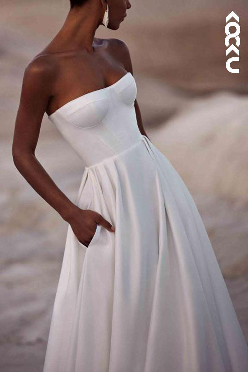 K1522 - Strapless Sleeveless Ruched Satin A-Line Long Wedding Dress