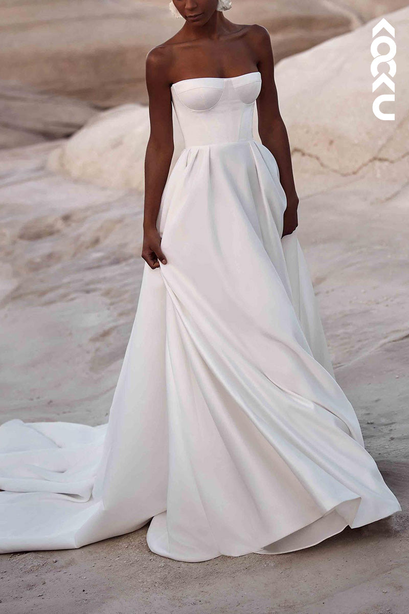 K1522 - Strapless Sleeveless Ruched Satin A-Line Long Wedding Dress