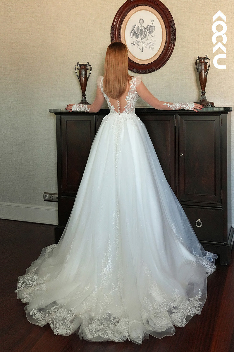 K1523 - Low V-Neck Long Sleeves Lace Appliqued Tulle A-Line Long Wedding Dress