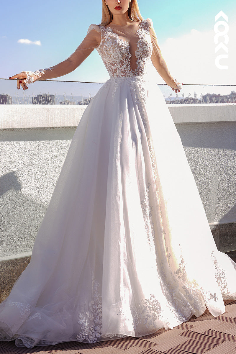 K1523 - Low V-Neck Long Sleeves Lace Appliqued Tulle A-Line Long Wedding Dress