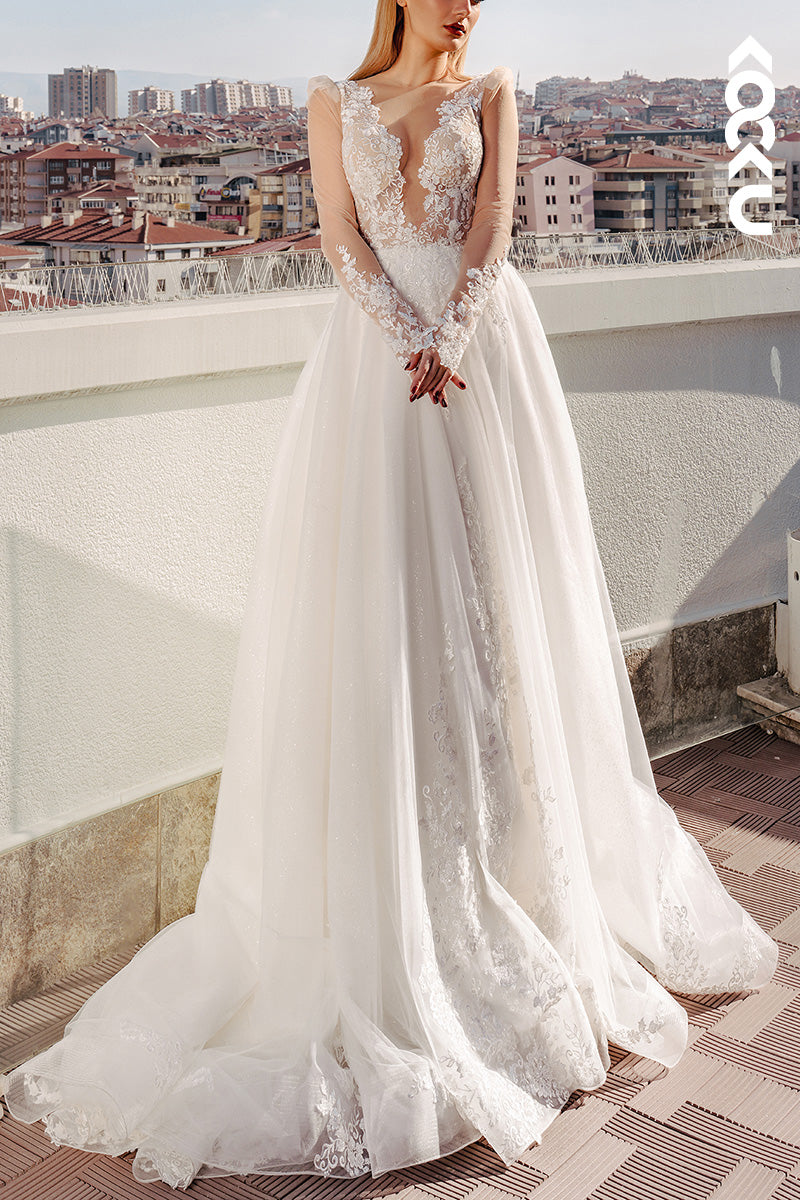 K1523 - Low V-Neck Long Sleeves Lace Appliqued Tulle A-Line Long Wedding Dress