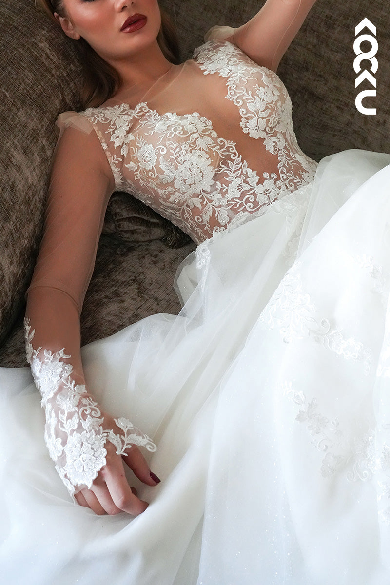 K1523 - Low V-Neck Long Sleeves Lace Appliqued Tulle A-Line Long Wedding Dress