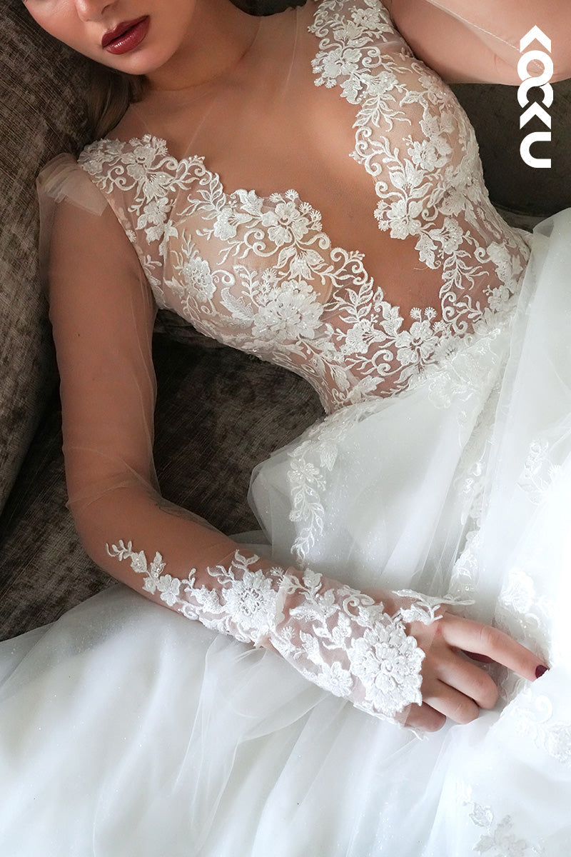 K1523 - Low V-Neck Long Sleeves Lace Appliqued Tulle A-Line Long Wedding Dress