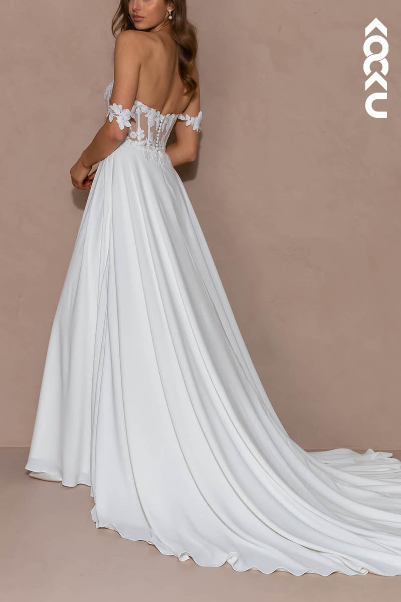 K1524 - Off-Shoulder Sleeveless Appliqued Sheer Satin A-Line Long Wedding Dress