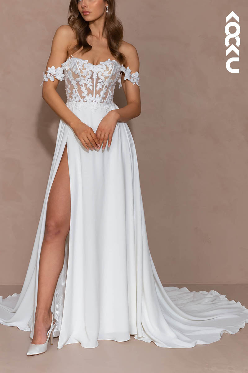 K1524 - Off-Shoulder Sleeveless Appliqued Sheer Satin A-Line Long Wedding Dress