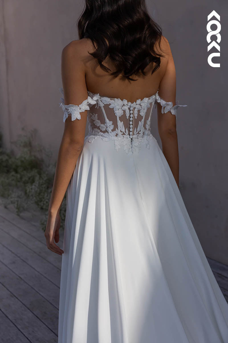 K1524 - Off-Shoulder Sleeveless Appliqued Sheer Satin A-Line Long Wedding Dress