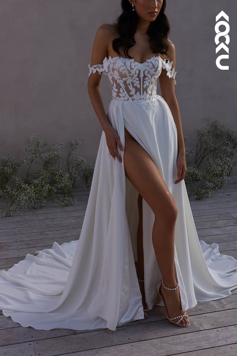 K1524 - Off-Shoulder Sleeveless Appliqued Sheer Satin A-Line Long Wedding Dress