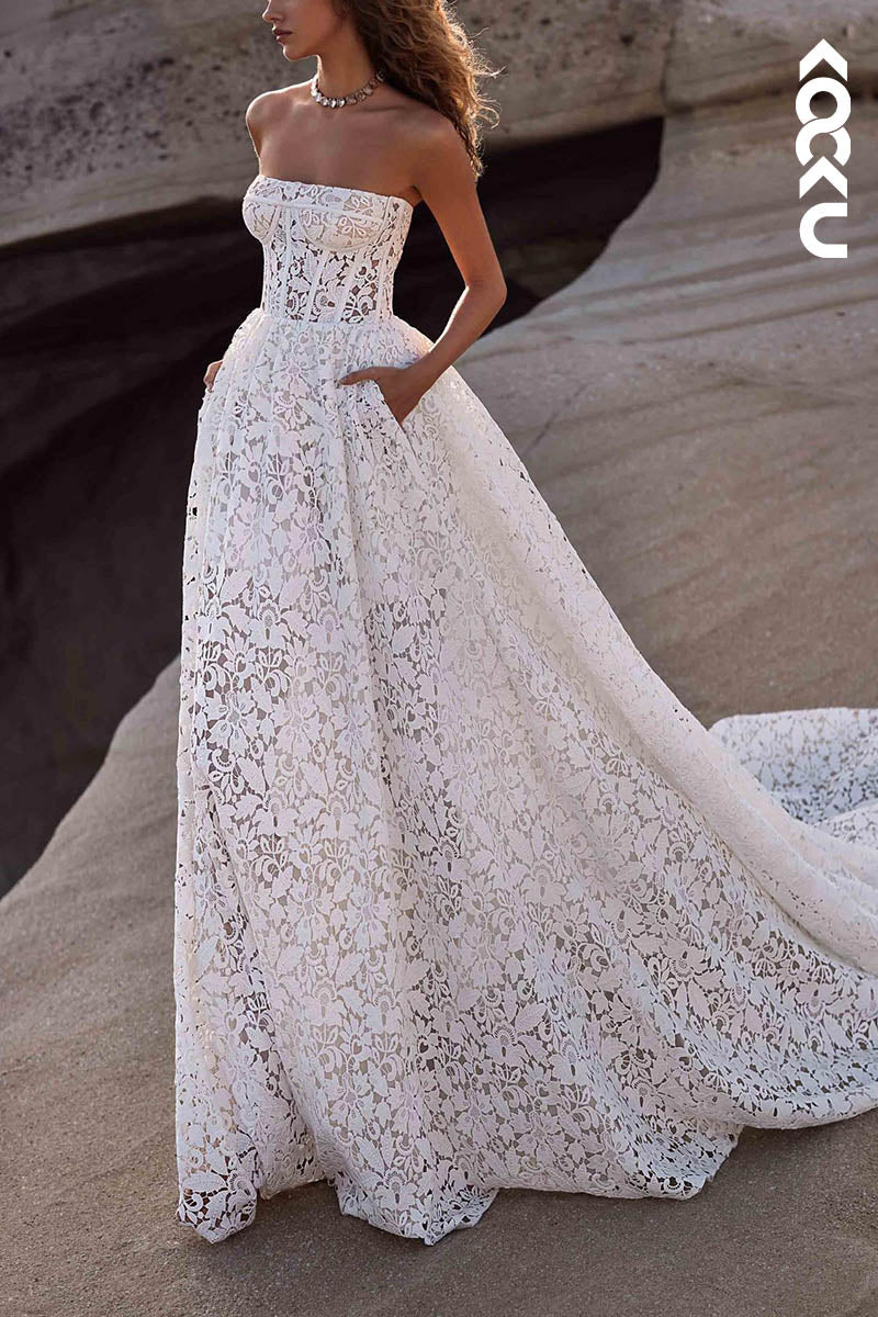 K1525 - Strapless Sheer Lace A-Line Long Wedding Dress With Sweep Train