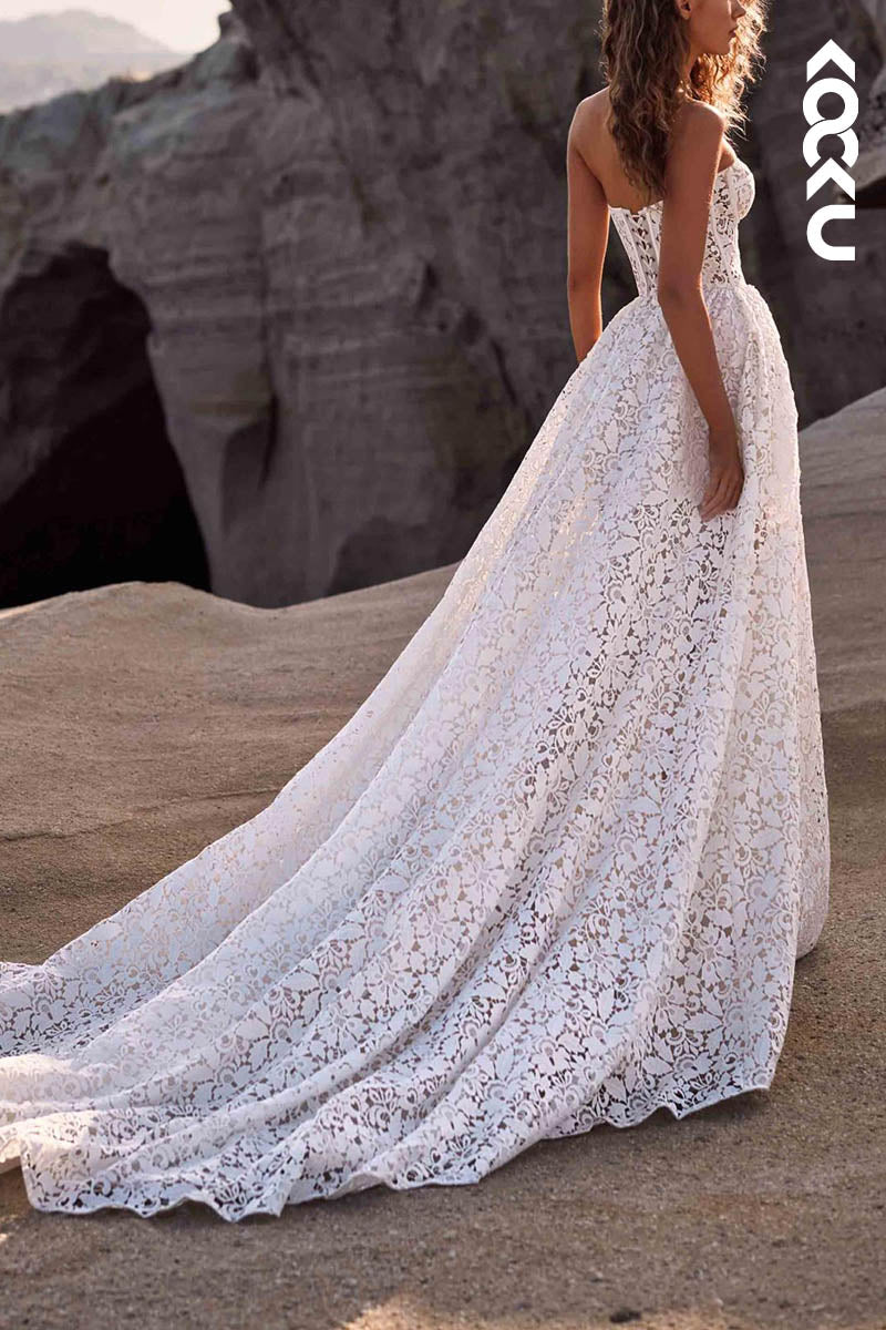 K1525 - Strapless Sheer Lace A-Line Long Wedding Dress With Sweep Train