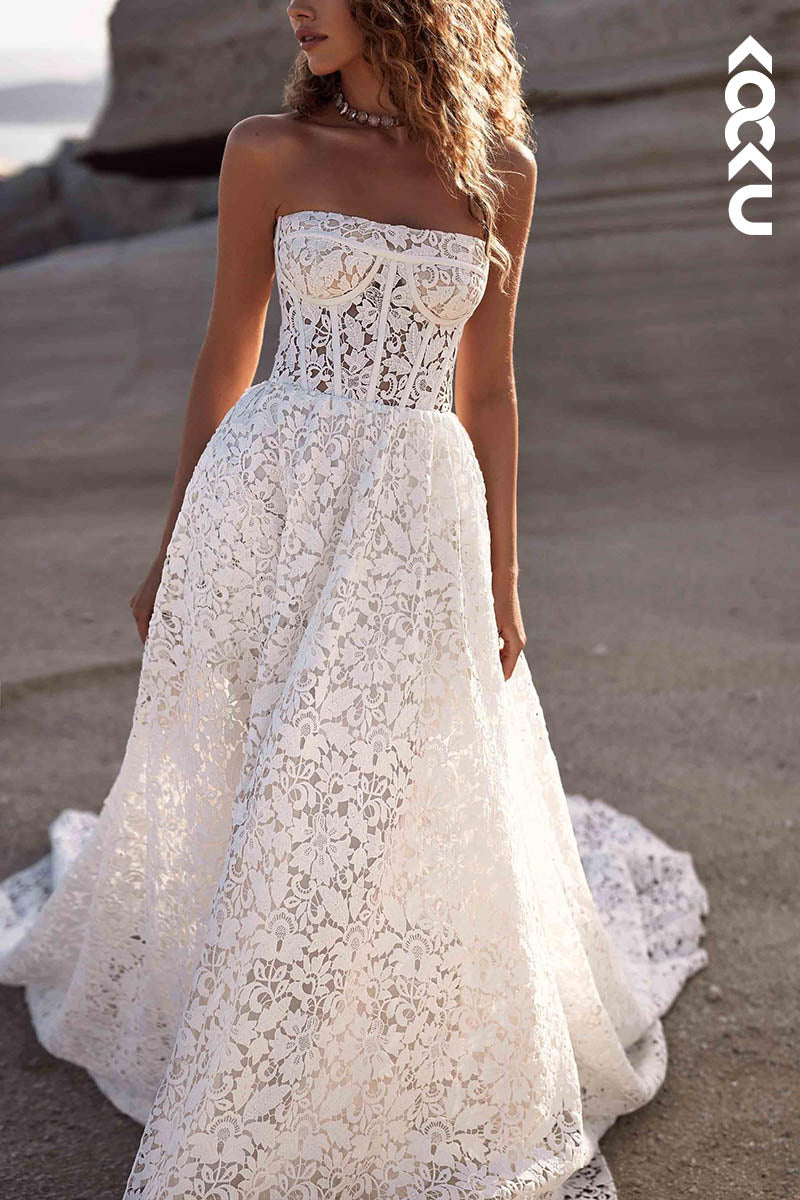 K1525 - Strapless Sheer Lace A-Line Long Wedding Dress With Sweep Train