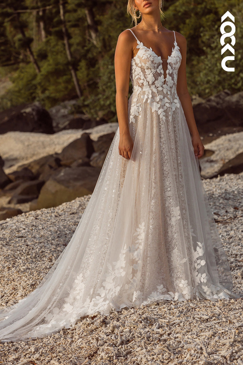 K1526 - Low V-Neck Spaghetti Straps Appliqued Sheer Tulle A-Line Wedding Dress