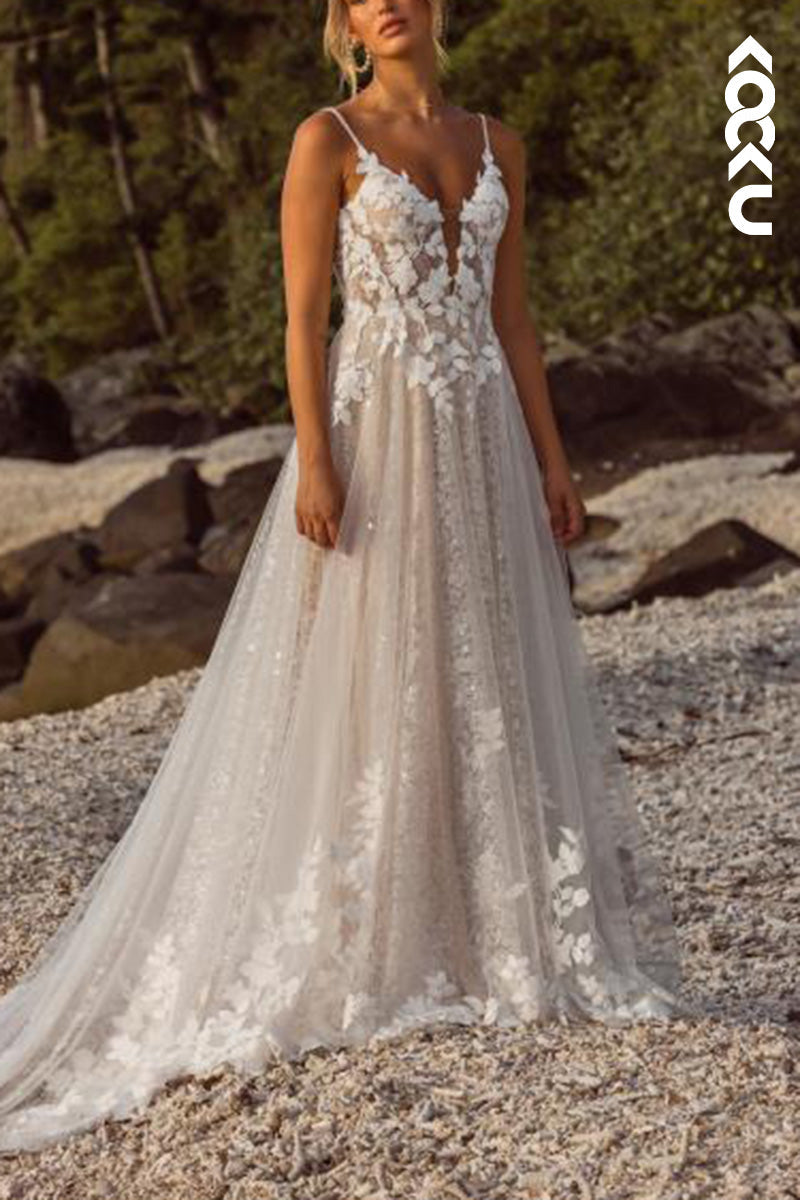 K1526 - Low V-Neck Spaghetti Straps Appliqued Sheer Tulle A-Line Wedding Dress