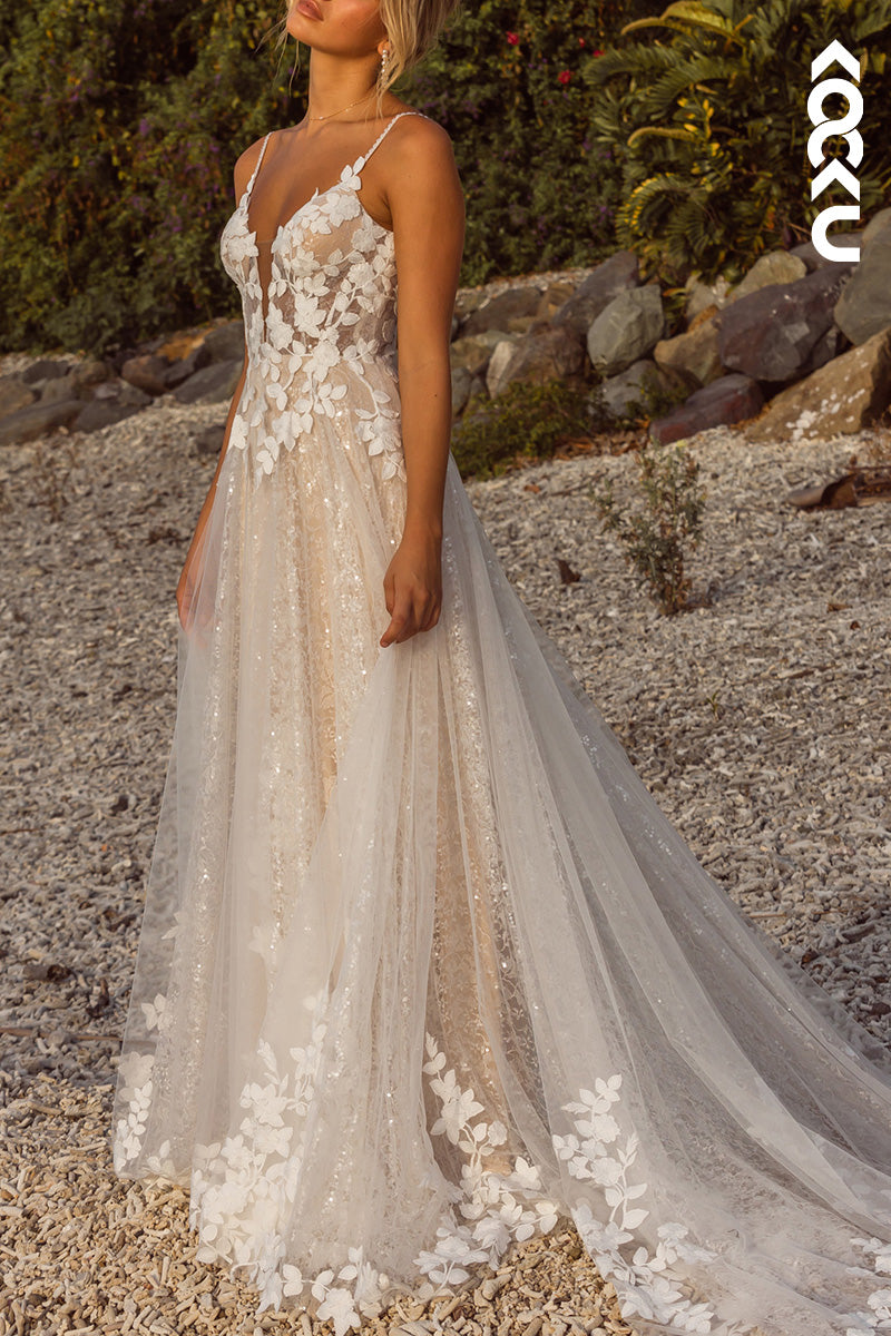 K1526 - Low V-Neck Spaghetti Straps Appliqued Sheer Tulle A-Line Wedding Dress