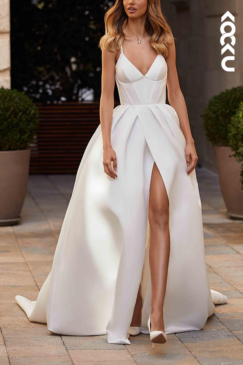 K1527 - V-Neck Spaghetti Straps Satin A-Line Long Wedding Dress With Slit