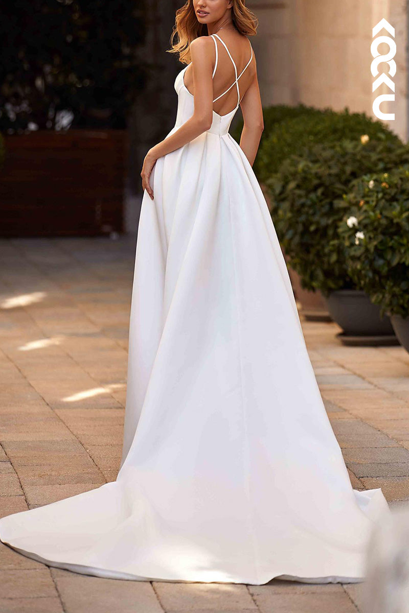 K1527 - V-Neck Spaghetti Straps Satin A-Line Long Wedding Dress With Slit