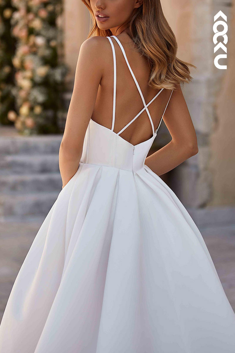 K1527 - V-Neck Spaghetti Straps Satin A-Line Long Wedding Dress With Slit