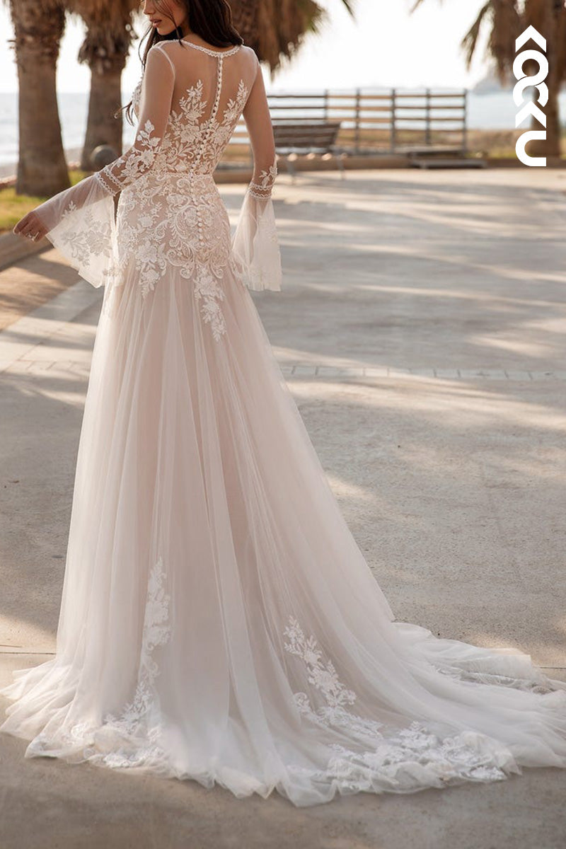 K1529 - Low V-Neck Long Sleeves Lace Sheer Tulle A-Line Long Wedding Dress